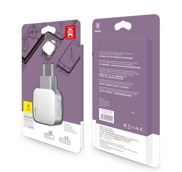 Planet Gates Baseus 2 USB EU Charger Plug For Samsung Huawei Xiaomi Dual USB Port Travel Wall Charger Mobile Phone USB Charger Adapter 5V2.4A