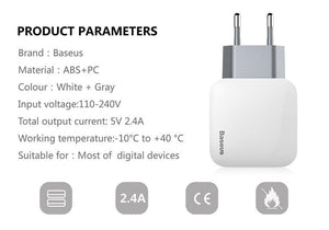 Planet Gates Baseus 2 USB EU Charger Plug For Samsung Huawei Xiaomi Dual USB Port Travel Wall Charger Mobile Phone USB Charger Adapter 5V2.4A