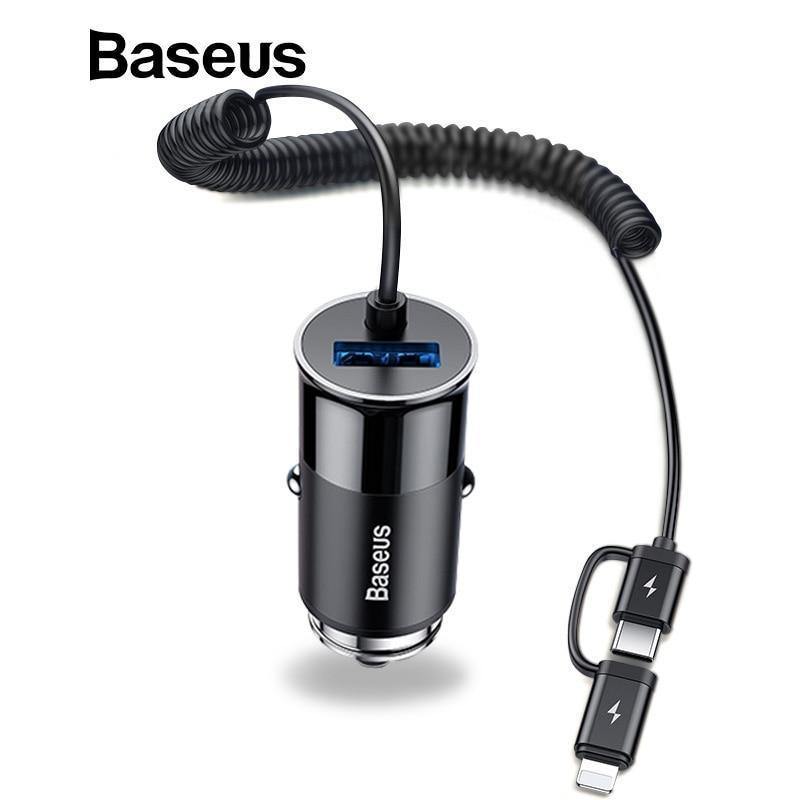 Planet Gates Baseus 2in 1 Car Charger For Mobile Phone Travel Adapter& USB Type C Spring Charging Cable for iPhone Samsung Car Phone Charger