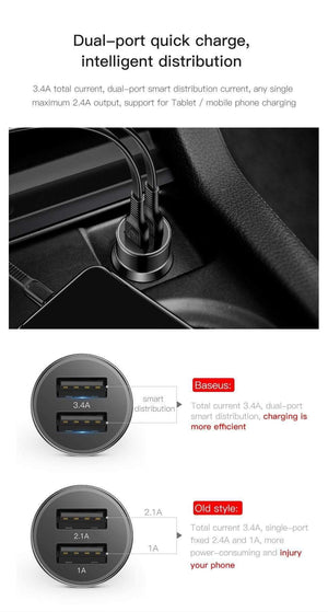 Planet Gates Baseus 3.4A Dual USB Car Charger For iPhone xs Samsung Xiaomi iPad 2 Port LED Car Mobile Phone Charger Fast Car Charging Charger