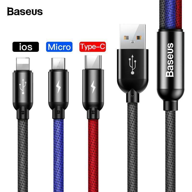 Planet Gates Baseus 3 in 1 3.5A USB Cable For iPhone Xs Max Xr X 8 7 Fast Charging Charger USB Type C Type-c Micro USB Cable For Mobile Phone