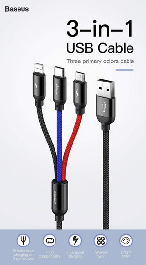 Planet Gates Baseus 3 in 1 3.5A USB Cable For iPhone Xs Max Xr X 8 7 Fast Charging Charger USB Type C Type-c Micro USB Cable For Mobile Phone