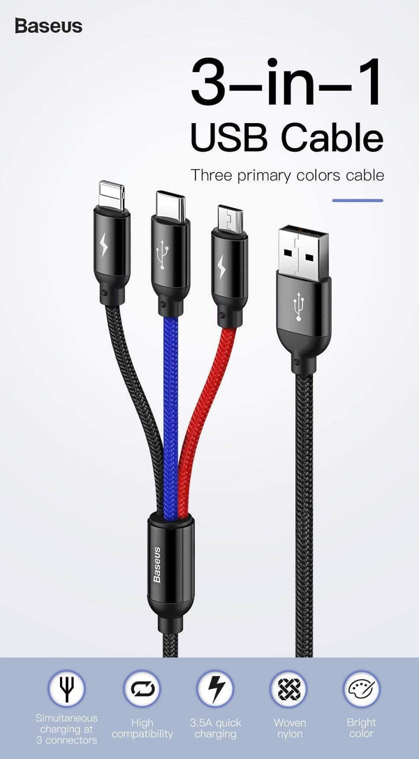 Planet Gates Baseus 3 in 1 3.5A USB Cable For iPhone Xs Max Xr X 8 7 Fast Charging Charger USB Type C Type-c Micro USB Cable For Mobile Phone
