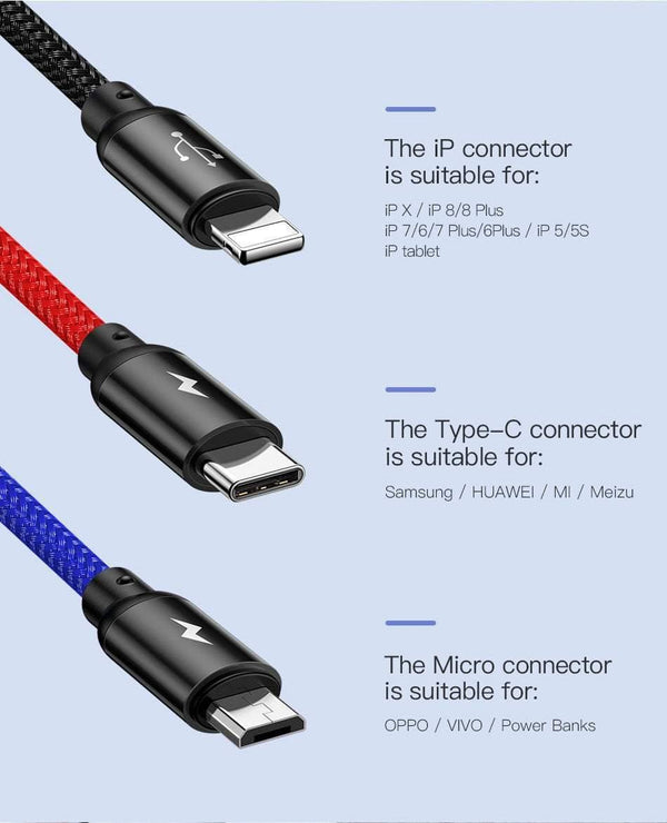Planet Gates Baseus 3 in 1 3.5A USB Cable For iPhone Xs Max Xr X 8 7 Fast Charging Charger USB Type C Type-c Micro USB Cable For Mobile Phone
