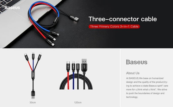 Planet Gates Baseus 3 in 1 3.5A USB Cable For iPhone Xs Max Xr X 8 7 Fast Charging Charger USB Type C Type-c Micro USB Cable For Mobile Phone
