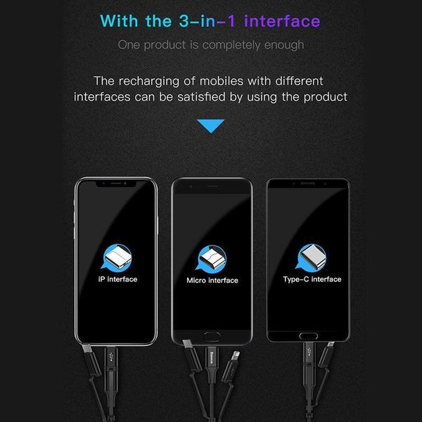 Planet Gates Baseus 3 in 1 USB Cable For iPhone Micro USB Type C Charger Cable For iPhone Xs Max X 8 7 Samsung Oneplus Android Phone Cables