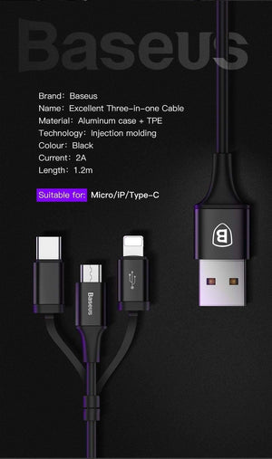 Planet Gates Baseus 3 in 1 USB Cable For iPhone Micro USB Type C Charger Cable For iPhone Xs Max X 8 7 Samsung Oneplus Android Phone Cables