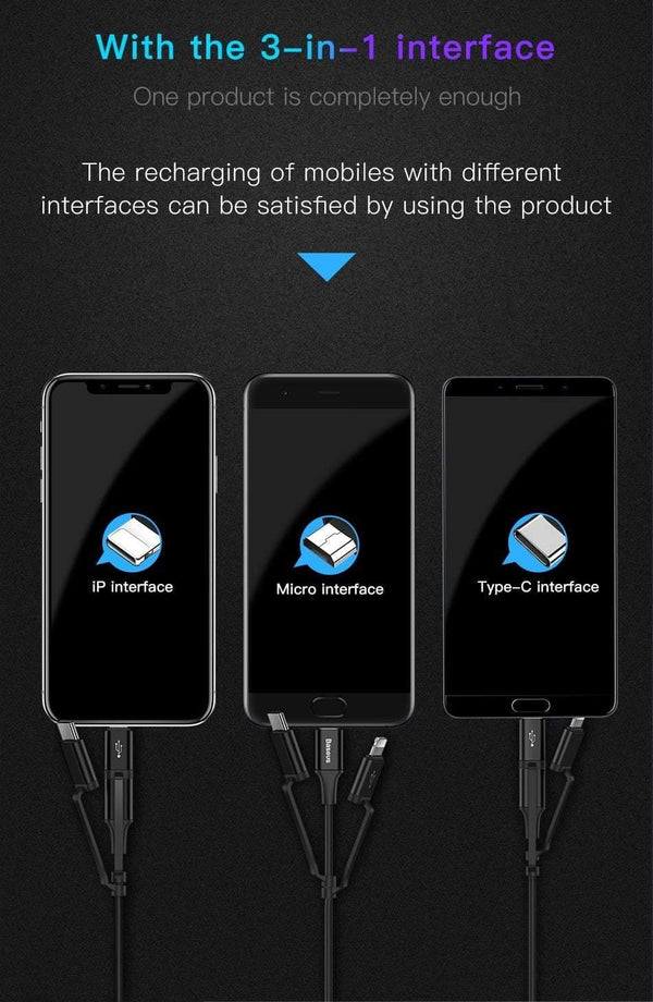 Planet Gates Baseus 3 in 1 USB Cable For iPhone Micro USB Type C Charger Cable For iPhone Xs Max X 8 7 Samsung Oneplus Android Phone Cables