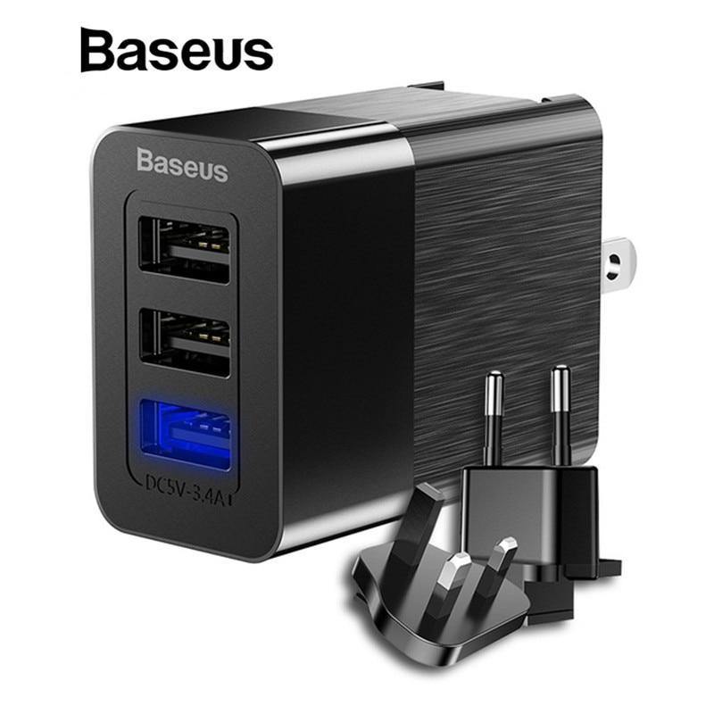 Planet Gates Baseus 3 Port USB Charger 3in1 Triple EU US UK Plug 2.4A Travel Wall Charger Adapter for iPhone Samsung Xiaomi Phone USB Charger