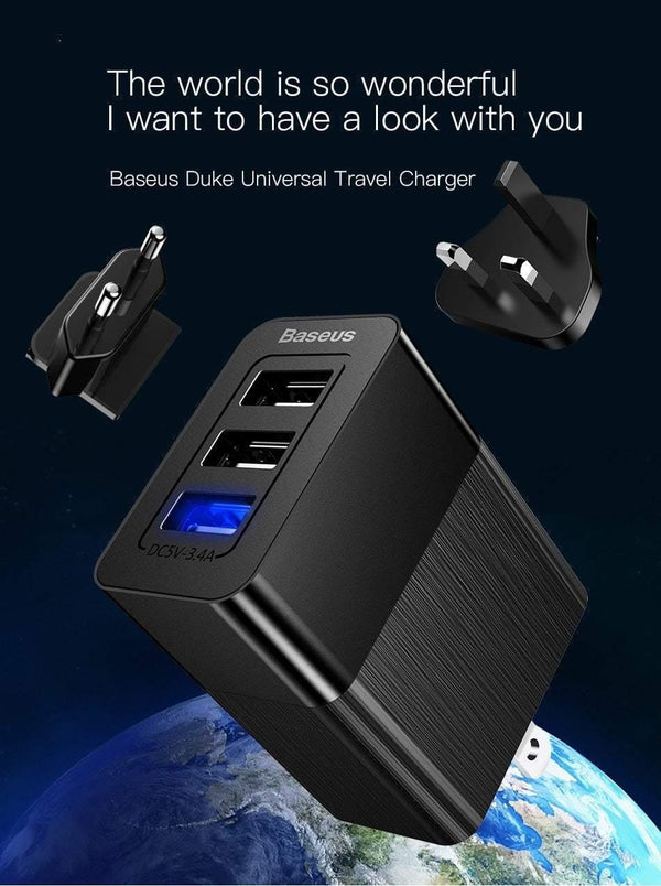 Planet Gates Baseus 3 Port USB Charger 3in1 Triple EU US UK Plug 2.4A Travel Wall Charger Adapter for iPhone Samsung Xiaomi Phone USB Charger