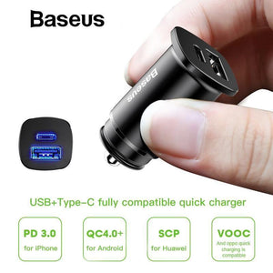 Planet Gates Baseus 30W Dual USB C PD Quick Charge QC 4.0 Car Charger For Mobile Phone Charger Fast USB PD Type C AFC SCP Car Phone Charger