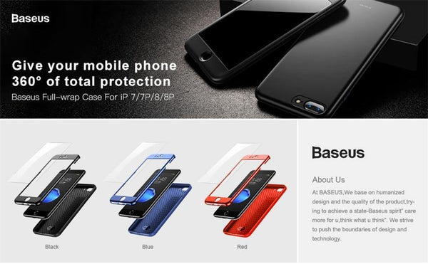 Planet Gates Baseus 360 Full Body Hard PC Case For iPhone 8 7 Plus Cover Tempered Glass+TPU Back Cover Protective Case For iPhone 8Plus 7Plus