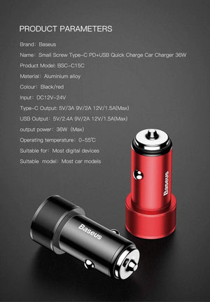 Planet Gates Baseus 36w USB Car Charger Quick Charge 3.0 QC QC3.0 Type C PD Fast Car Charging Charger For iPhone Samsung Xiaomi Mobile Phone