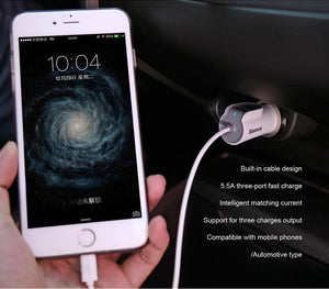 Planet Gates Baseus 3in1 5.5A USB Car Charger For iPhone X 8 Samsung Mobile Phone Charger 3 Ports USB Fast Car Charger & 1m Cable For iPhone