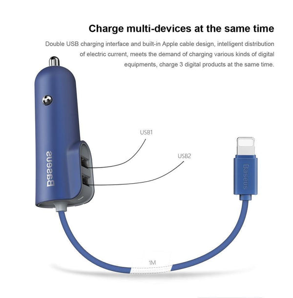 Planet Gates Baseus 3in1 5.5A USB Car Charger For iPhone X 8 Samsung Mobile Phone Charger 3 Ports USB Fast Car Charger & 1m Cable For iPhone