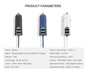 Planet Gates Baseus 3in1 5.5A USB Car Charger For iPhone X 8 Samsung Mobile Phone Charger 3 Ports USB Fast Car Charger & 1m Cable For iPhone