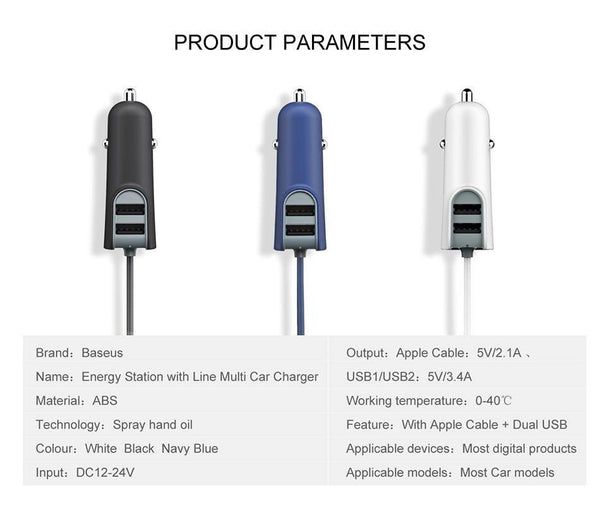 Planet Gates Baseus 3in1 5.5A USB Car Charger For iPhone X 8 Samsung Mobile Phone Charger 3 Ports USB Fast Car Charger & 1m Cable For iPhone