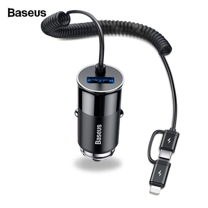 Planet Gates Baseus 4.8A USB Car Charger For iPhone Samsung Xiaomi mi Fast Car Charging Mobile Phone Charger With Spring 2 in 1 USB Cable