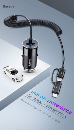 Planet Gates Baseus 4.8A USB Car Charger For iPhone Samsung Xiaomi mi Fast Car Charging Mobile Phone Charger With Spring 2 in 1 USB Cable