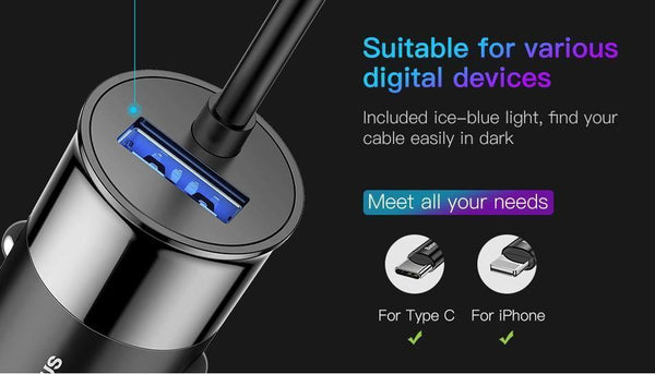 Planet Gates Baseus 4.8A USB Car Charger For iPhone Samsung Xiaomi mi Fast Car Charging Mobile Phone Charger With Spring 2 in 1 USB Cable