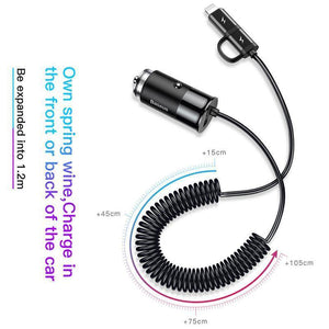 Planet Gates Baseus 4.8A USB Car Charger For iPhone Samsung Xiaomi mi Fast Car Charging Mobile Phone Charger With Spring 2 in 1 USB Cable