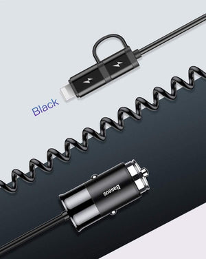 Planet Gates Baseus 4.8A USB Car Charger For iPhone Samsung Xiaomi mi Fast Car Charging Mobile Phone Charger With Spring 2 in 1 USB Cable