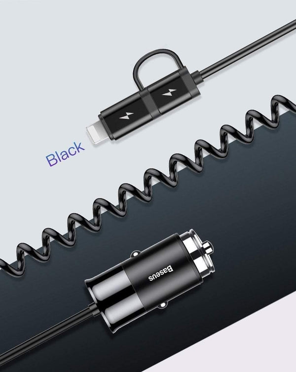 Planet Gates Baseus 4.8A USB Car Charger For iPhone Samsung Xiaomi mi Fast Car Charging Mobile Phone Charger With Spring 2 in 1 USB Cable