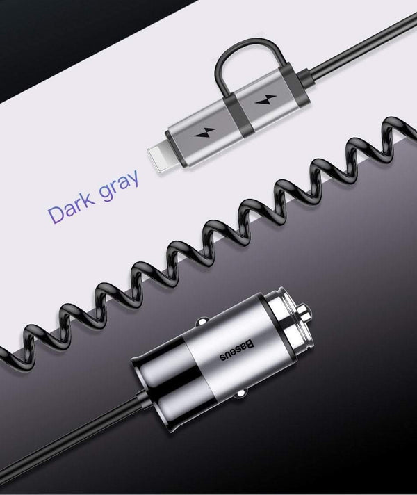 Planet Gates Baseus 4.8A USB Car Charger For iPhone Samsung Xiaomi mi Fast Car Charging Mobile Phone Charger With Spring 2 in 1 USB Cable