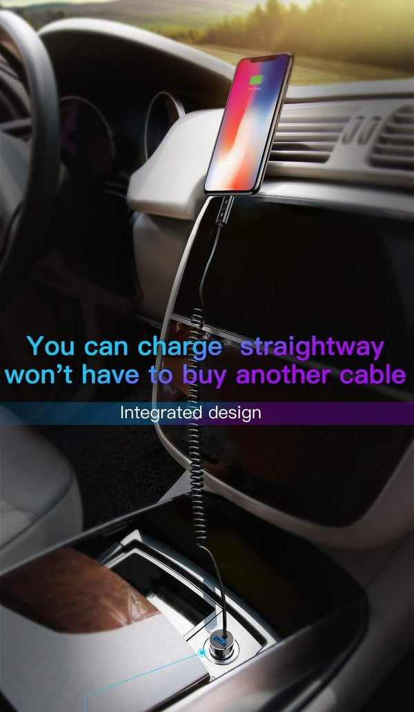Planet Gates Baseus 4.8A USB Car Charger For iPhone Samsung Xiaomi mi Fast Car Charging Mobile Phone Charger With Spring 2 in 1 USB Cable