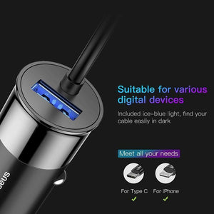 Planet Gates Baseus 4.8A USB Car Charger For iPhone Samsung Xiaomi mi Fast Car Charging Mobile Phone Charger With Spring 2 in 1 USB Cable