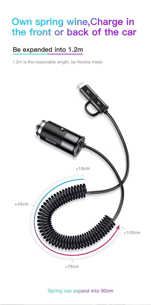 Planet Gates Baseus 4.8A USB Car Charger For iPhone Samsung Xiaomi mi Fast Car Charging Mobile Phone Charger With Spring 2 in 1 USB Cable