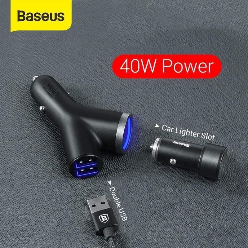 Baseus 40W Car Charger for Universal Mobile Phone Dual USB Car Cigarette Lighter Slot for Tablet GPS 3 Devices Car Phone Charger (Black)