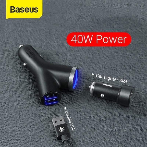 Baseus 40W Car Charger for Universal Mobile Phone Dual USB Car Cigarette Lighter Slot for Tablet GPS 3 Devices Car Phone Charger (Black)