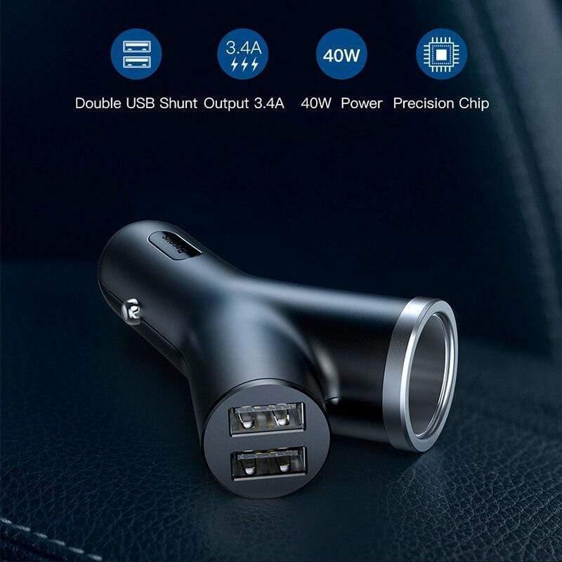Baseus 40W Car Charger for Universal Mobile Phone Dual USB Car Cigarette Lighter Slot for Tablet GPS 3 Devices Car Phone Charger (Black)