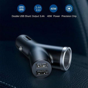 Baseus 40W Car Charger for Universal Mobile Phone Dual USB Car Cigarette Lighter Slot for Tablet GPS 3 Devices Car Phone Charger (Black)