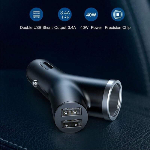 Baseus 40W Car Charger for Universal Mobile Phone Dual USB Car Cigarette Lighter Slot for Tablet GPS 3 Devices Car Phone Charger (Black)