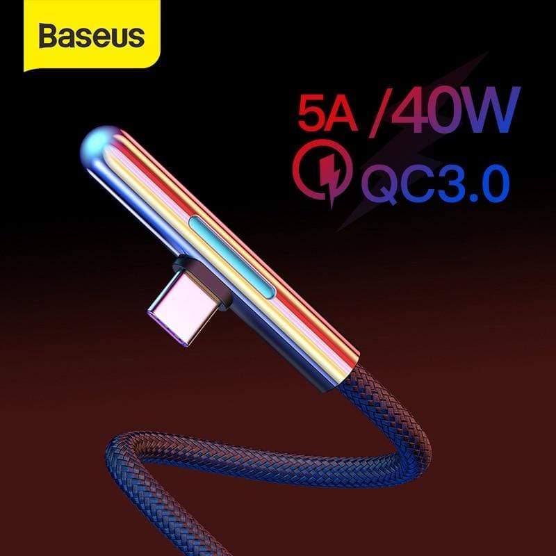 Baseus 40W USB Type C Cable for Huawei P30 Mate 30 Pro Fast Charging Type C Cable Elbow LED USB Cable for Samsung S10 USB-C Wire