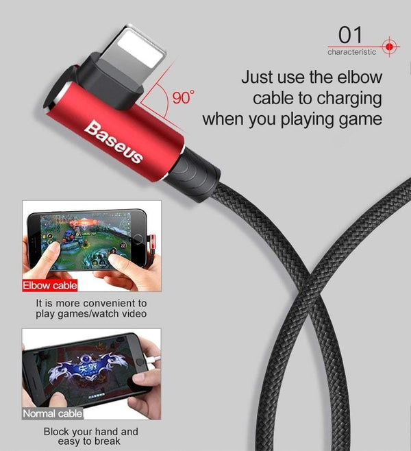 Planet Gates Baseus 90 Degree USB Cable For iPhone XS Max XR X 8 7 6 6s 5 5S iPad Fast Charging Charger Data Cord Adapter Mobile Phone Cable