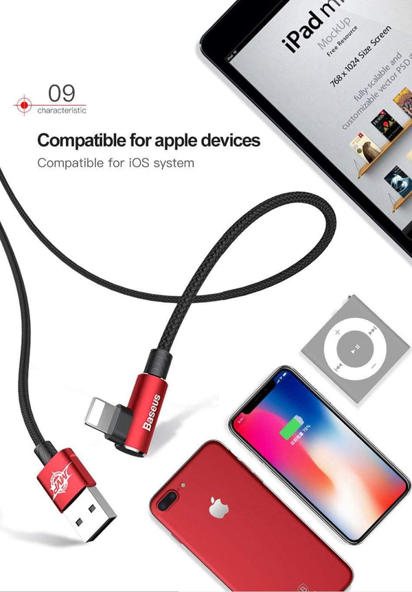 Planet Gates Baseus 90 Degree USB Cable For iPhone XS Max XR X 8 7 6 6s 5 5S iPad Fast Charging Charger Data Cord Adapter Mobile Phone Cable
