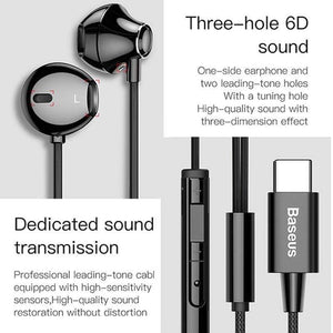Baseus C06 USB Type-c Earphone Stereo Sound Earbuds With mic for Xiaomi mi 9 8 se note 3 Oppo Find X (BLACK)