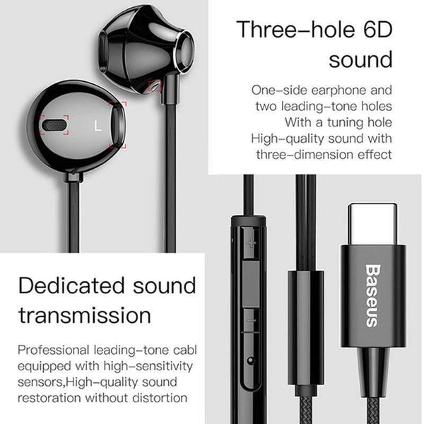 Baseus C06 USB Type-c Earphone Stereo Sound Earbuds With mic for Xiaomi mi 9 8 se note 3 Oppo Find X (BLACK)