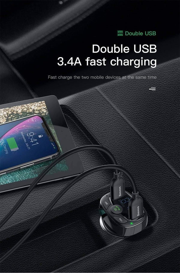 Planet Gates Baseus Car Charger for iPhone Mobile Phone Handsfree FM Transmitter Bluetooth Car Kit LCD MP3 Player Dual USB Car Phone Charger