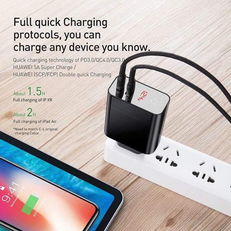 Baseus Dual USB Charger 45W Support Quick Charge 4.0 3.0 Type C PD Fast Charger with Digital Display For Samsung Huawei Xiaomi