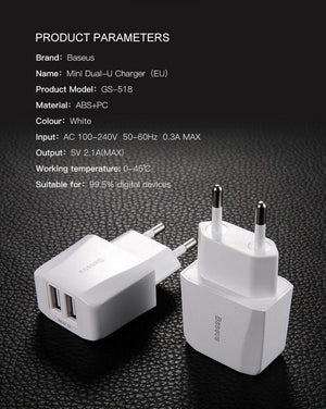 Planet Gates Baseus Dual USB Charger, Mobile Phone EU Charger Plug Travel Wall Charger Adapter For iPhone iPad Samsung Xiaomi Phone Charger