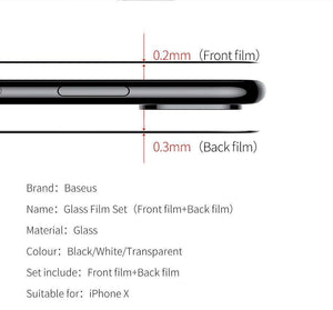 Planet Gates Baseus Front Glass + Back Film Screen Protector For iPhone X Tempered Glass 0.3mm Ultra Thin 100% Pure Glass Protective Film 9H