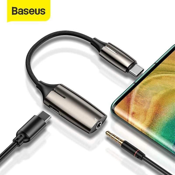 Baseus L60 USB C to 3.5mm aux audio Adapter usb type c Extension Cable with Light Interface 1 to 2 for Smart Phone (Zinc Alloy and Light)
