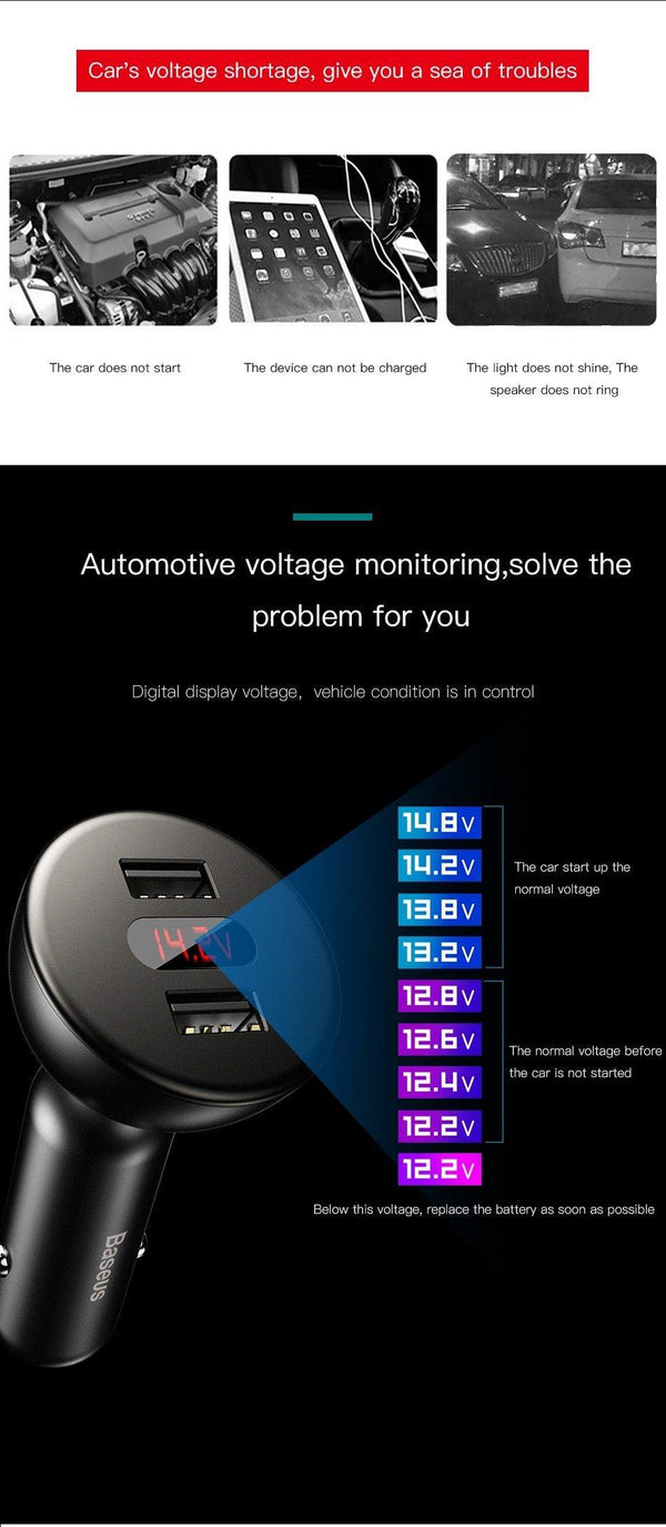 Planet Gates Baseus LED Display 4.8A Dual USB Car Charger Adapter For iPhone Samung Xiaomi Fast Car Charging 360 Rotation Car Phone Charger