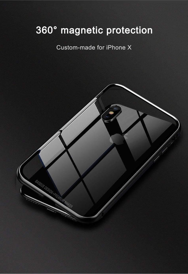 Planet Gates Baseus Magnetic Adsorption Case For iPhone X 10 Luxury Metal Bumper+Tempered Glass Back Cover Flip Case For iPhoneX Phone Cases