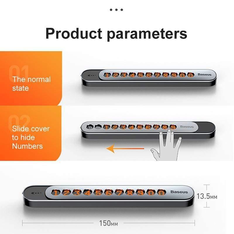 Baseus Metal Car Temporary Parking Card Hideable  Phone Telephone Number Plate & Luminious Numbers at Night Car Accessories