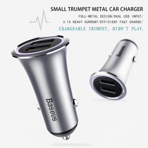 Planet Gates Baseus Metal Dual USB Car Charger For iPhone Samsung Xiaomi mi Huawei LED Light Car Charging Mobile Phone Charger Car Adapter
